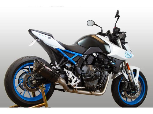 M4 Performance Exhausts M4 Carbon Fiber Full System Suzuki GSX-8S (23-25), motorcycle with high-performance exhaust system and sleek black and white design with blue accents.
