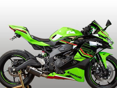 M4 Performance Exhausts M4 Street Slayer Carbon Exhaust Kawasaki ZX-4RR (23-25), image of a neon green and black Kawasaki ZX-4RR motorcycle with custom M4 Street Slayer Carbon exhaust system.