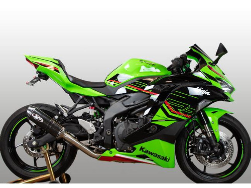 M4 Performance Exhausts M4 X-96 Carbon Fiber Full Exhaust Kawasaki ZX-4RR (23-25), motorcycle with green and black racing design and carbon fiber exhaust system