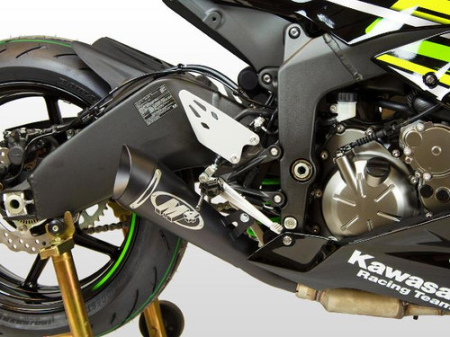 M4 Performance Exhausts M4 GP Black Slip On Exhaust Kawasaki ZX-6R (09-25), close-up of the black exhaust pipe mounted on a Kawasaki ZX-6R motorcycle with green accents. Loading Image