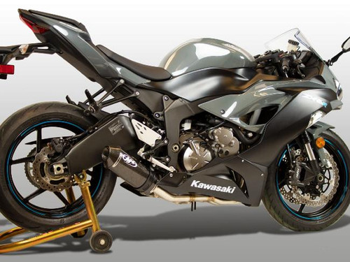 M4 Performance Exhausts M4 Street Slayer Carbon Exhaust Suzuki Kawasaki ZX-6R (09-25), motorcycle with black and gray body, carbon exhaust, and blue accents on the wheels.