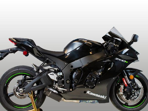 M4 Performance Exhausts M4 Street Slayer Carbon Slip On Exhaust Kawasaki ZX-10R (21-25), close-up of the motorcycle with black and green accents, showcasing the sleek exhaust system and design details.