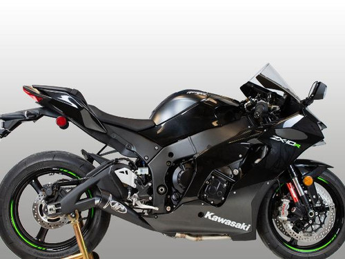 M4 Performance Exhausts M4 GP Black Exhaust Kawasaki ZX-10R (21-25), motorcycle with a sleek black Kawasaki ZX-10R sportbike equipped with a black M4 GP exhaust system.
