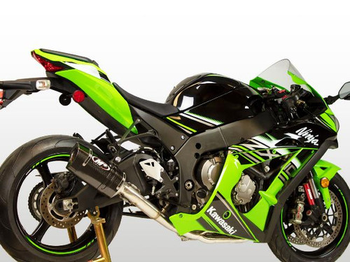 M4 Performance Exhausts M4 Tech1 Carbon Exhaust Kawasaki ZX-10R all titanium on a green and black Kawasaki Ninja motorcycle. Loading Image