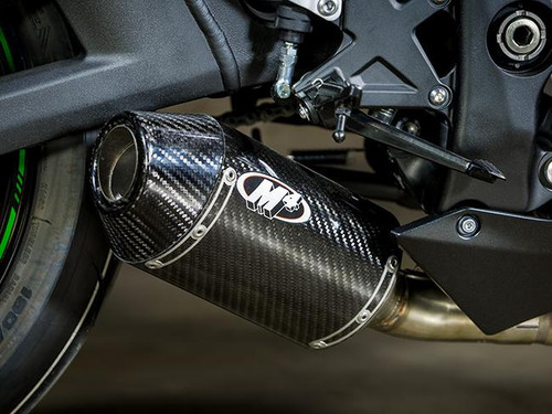M4 Performance Exhausts M4 Street Slayer Carbon Slip On Exhaust Kawasaki ZX-10R (16-20), close-up of the black carbon fiber slip-on exhaust mounted on the motorcycle. Loading Image