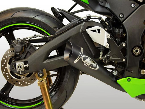M4 Performance Exhausts M4 GP Black Exhaust Kawasaki ZX-10R (16-20) All Titanium, image of the motorcycle's rear section showing the black titanium exhaust with skull logo, rear wheel, and suspension components. Loading Image