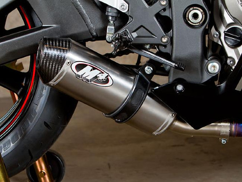 M4 Performance Exhausts M4 Street Slayer Titanium Slip On Exhaust for Kawasaki ZX-10 (11-15), close-up of stainless steel muffler with M4 logo installed on motorcycle.