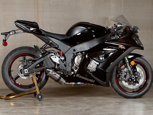 M4 Performance Exhausts M4 Street Slayer Titanium Slip On Exhaust Kawasaki ZX-10 (11-15), black motorcycle with aftermarket exhaust system
