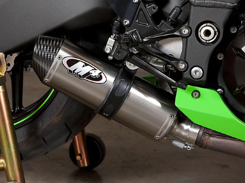 M4 Performance Exhausts M4 Street Slayer Titanium Slip On Exhaust Kawasaki ZX-10 (08-10), close-up view of the titanium exhaust mounted on the motorcycle with visible M4 logo and carbon fiber end cap. Loading Image