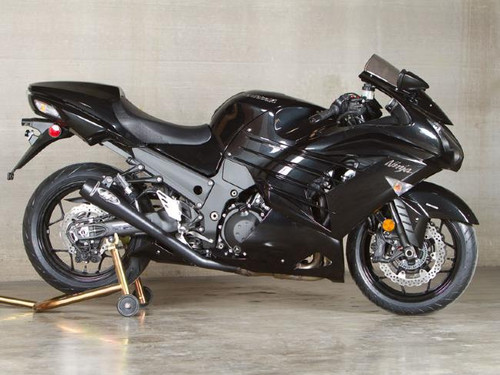 M4 Performance Exhausts M4 Black Retro-Drag Slip On Kawasaki ZX-14 (12-26), black motorcycle with retro-drag style exhausts and aerodynamic fairings.