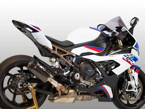 M4 Performance Exhausts M4 Tech1 Carbon Fiber Slip On Exhaust for BMW S1000RR (20-26), motorcycle with racing-inspired design and carbon fiber exhaust mount.