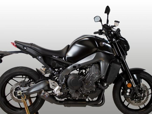 M4 Performance Exhausts M4 Black Exhaust System Yamaha MT-09/XSR900 (21-25), black motorcycle with upgraded exhaust system.