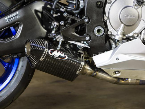 M4 Performance Exhausts M4 Street Slayer Carbon Exhaust Yamaha YZF-R1 (15-24), close-up of the aerodynamic carbon fiber exhaust with the M4 logo installed on a Yamaha motorcycle. Loading Image