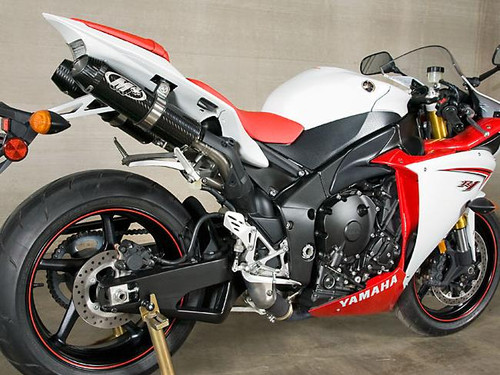 M4 Performance Exhausts M4 Undertail Carbon Fiber Slip On Exhaust Yamaha YZF-R1 (09-14), motorcycle with carbon fiber slip-on exhaust system installed at the rear end M4 Performance Exhausts M4 Undertail Carbon Fiber Slip On Exhaust Yamaha YZF-R1 (09-14), motorcycle with carbon fiber slip-on exhaust system installed at the rear end