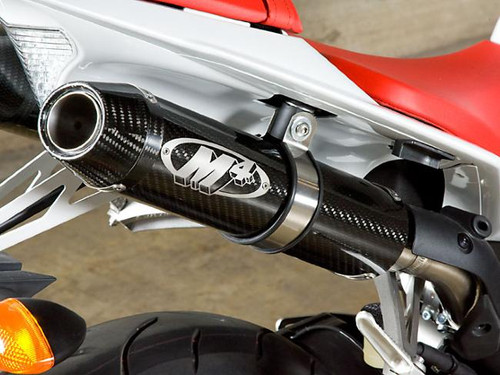 M4 Performance Exhausts M4 Undertail Carbon Fiber Slip On Exhaust Yamaha YZF-R1 (09-14), close-up view of the black carbon fiber exhaust with M4 logo installed on a Yamaha YZF-R1 motorcycle. Loading Image
