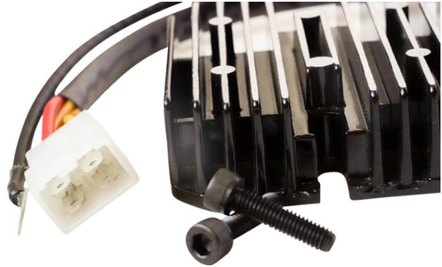 Rick's Regulator / Rectifier, Lithium Battery, Suzuki Hayabusa (13-21), close-up image showing the black rectifier with heat sink fins, wiring, and a white connector plug.