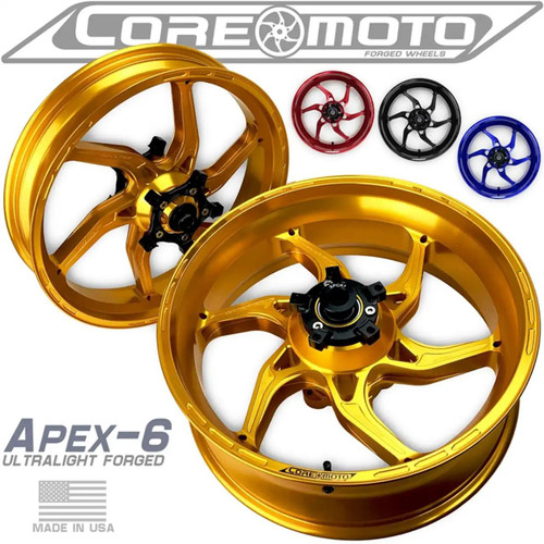 Coremoto Apex-6 Forged Aluminum Wheels Suzuki GSXR1000, set of vibrant gold motorcycle wheels with matching center hubs, and four colorful smaller wheels in red, black, blue, and red. Coremoto Apex-6 Forged Aluminum Wheels Suzuki GSXR1000, set of vibrant gold motorcycle wheels with matching center hubs, and four colorful smaller wheels in red, black, blue, and red.