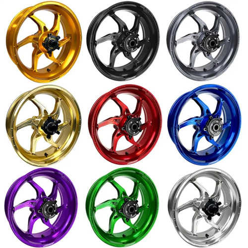 Coremoto Apex-6 Forged Aluminum Wheels Yamaha YZF-R1 (15-26), set of nine colorful motorcycle wheels in gold, black, silver, red, blue, purple, green, and white.