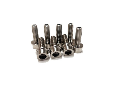 Ironless Innovations Titanium Header Bolts, 8mm x 1.25, set of stainless steel bolts with hex socket heads and threaded shafts for high-performance applications. Loading Image
