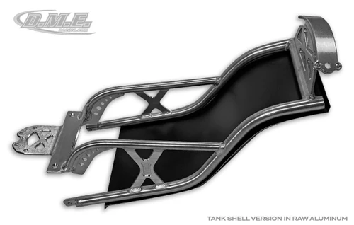DME Aluminum Subframe +18" Suzuki Hayabusa (99-20), tank shell version in raw aluminum with metal support structure for motorcycle.