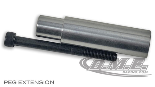 DME Peg Extension, metal cylindrical peg extension with black screw on one end for motorcycle or dirt bike customization.
