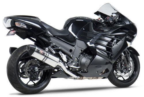 Yoshimura R-77 Slip On Exhaust Kawasaki ZX14R (12-25), a sleek black motorcycle with a high-performance exhaust system.