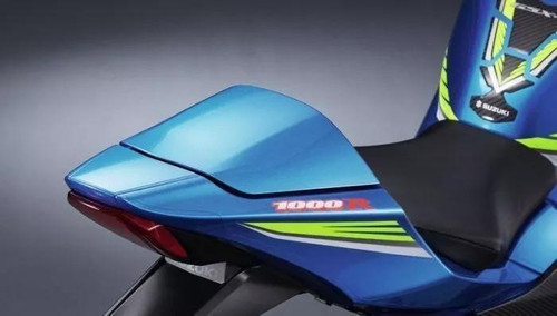 Suzuki OEM Seat Cowls Suzuki GSXR1000, blue seat cowl on motorcycle with sporty design and green accents.