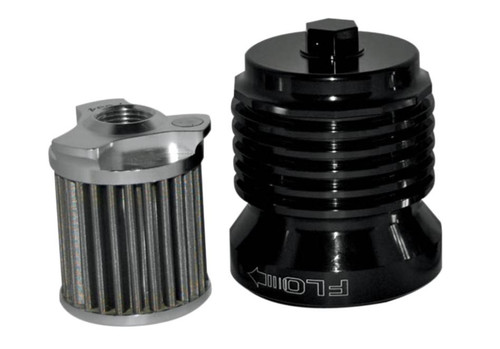 PC Racing Flo Lifetime Reusable Oil Filter Harley-Davidson, black and silver motorcycle oil filter with ribbed design and mounting thread. Loading Image