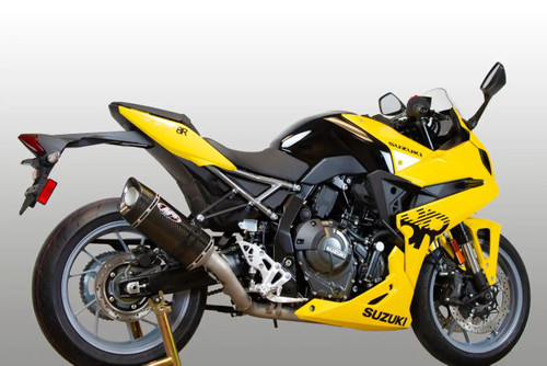 M4 Performance Exhausts M4 Carbon Fiber Full System Suzuki GSX-8R (24-25), yellow and black sport motorcycle with carbon fiber exhaust system.