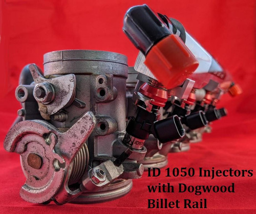 Dogwood Racing Fuel Rail Kawasaki ZX-14 (06-25), close-up of an aluminum fuel rail with attached injectors for motorcycle engine.