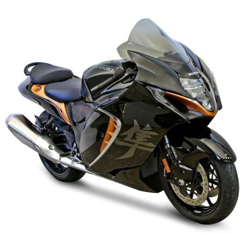 Zero Gravity Double Bubble Windscreen Suzuki Hayabusa (22-25), image of a sleek black Suzuki Hayabusa motorcycle with a tinted double bubble windscreen.