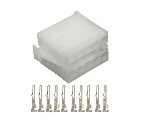 Schnitz Racing MPS Connector kit for MPS ASM Wiring Harness, image showing a white connector block with multiple connection ports and eight metal terminal crimps for electrical wiring.