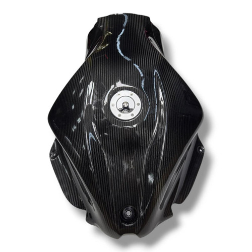 Montgomery Motorsports Carbon Fiber Low Profile Fuel Tank Suzuki Hayabusa (22-25), sleek black carbon fiber motorcycle fuel tank with a low-profile design for Suzuki Hayabusa (2022-2025) models.