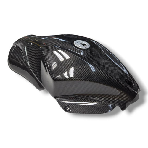 Montgomery Motorsports Carbon Fiber Low Profile Fuel Tank Suzuki Hayabusa (22-25), a sleek black carbon fiber motorcycle fuel tank with a low profile design and metallic fuel cap.