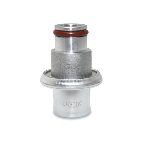 Quantum Fuel Systems OEM Replacement Fuel Pressure Regulator Kawasaki ZX-10R (06-19), close-up view of a metallic fuel pressure regulator with orange O-ring and engraved details.