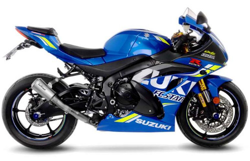LeoVince LV-10 Slip On Exhaust System Suzuki GSXR1000 (17-25), blue and black motorcycle with aftermarket exhaust and racing decals.