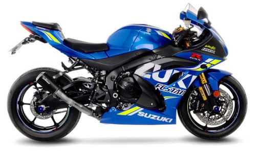 LeoVince LV-10 Slip On Exhaust System Suzuki GSXR1000 (17-25), motorcycle with blue and black body, featuring a sleek design and the exhaust system highlighted on the side.