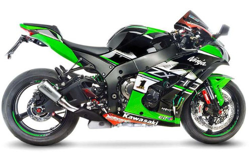 LeoVince LV-10 Slip On Exhaust System Kawasaki ZX-10R (16-25), motorcycle with green and black fairing and exhaust system.