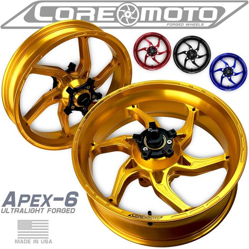 Coremoto Apex-6 Forged Aluminum Wheels Yamaha MT10/FZ10 (15-24), gold-colored forged motorcycle wheels with a sleek and lightweight design.
