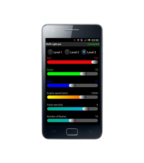 Healtech Shift Light Pro, smartphone screen displaying customizable shift light alert settings with color-coded indicators and engine parameters.