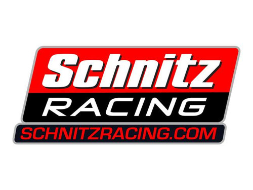 Schnitz Racing 5-inch sticker, automotive racing logo design with bold red, black, and white colors featuring the brand name and website. Loading Image
