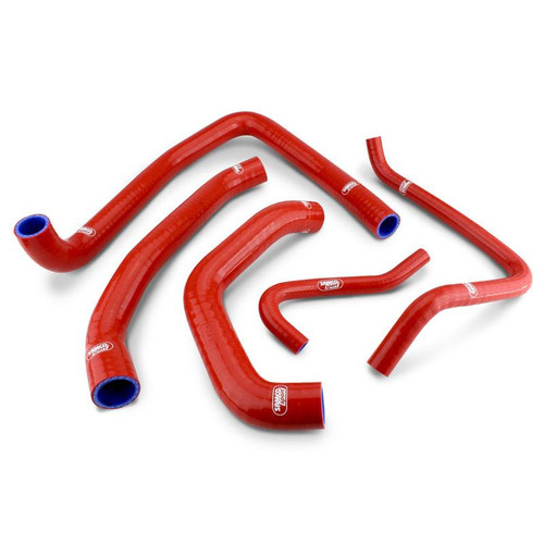 Samco Sport Silicone Radiator Hose Kit Kawasaki ZX-14 (06-25), red silicone hoses with blue interior and white logo markings. Samco Sport Silicone Radiator Hose Kit Kawasaki ZX-14 (06-25), red silicone hoses with blue interior and white logo markings.