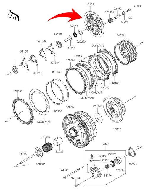 Kawasaki OEM Outer Clutch Plate for Kawasaki ZX-14R, technical diagram showing detailed assembly of clutch components.