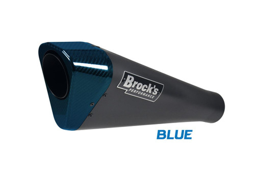 Brock's Performance Brocks Penta-Carbon Full System 15" Black Muffler Suzuki GSXR1000 (17-25), blue-colored motorcycle exhaust muffler with carbon fiber tip and Brock's Performance logo. Loading Image