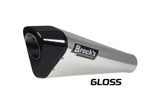 Brocks Performance Brocks Penta-Carbon Full System 15" Muffler Kawasaki ZX-14R (12-25), performance motorcycle exhaust with black carbon fiber end cap and silver body.