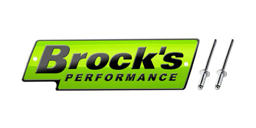 Brocks Performance Replacement Logo Plate, automotive performance logo plate with two mounting screws, bright green background with black and gray text. Loading Image