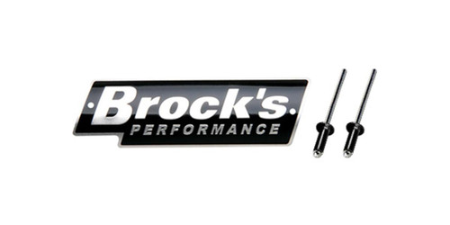 Brocks Performance Replacement Logo Plate, black and silver logo plate with two mounting screws for vehicle branding or customization. Brocks Performance Replacement Logo Plate, black and silver logo plate with two mounting screws for vehicle branding or customization.