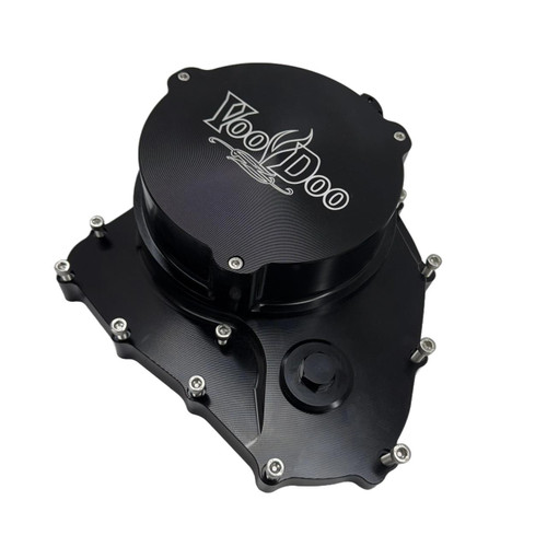 VooDoo Quick Access Clutch Cover Suzuki GSXR1000, black motorcycle clutch cover with silver bolts and VooDoo logo.