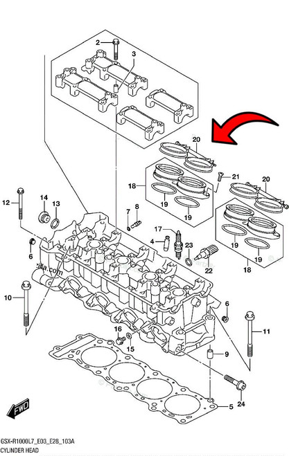 Suzuki OEM Intake Pipe Clamps for Suzuki GSXR1000 (17-25), detailed technical diagram of motorcycle engine components with emphasis on intake pipe clamps highlighted with a red arrow.
