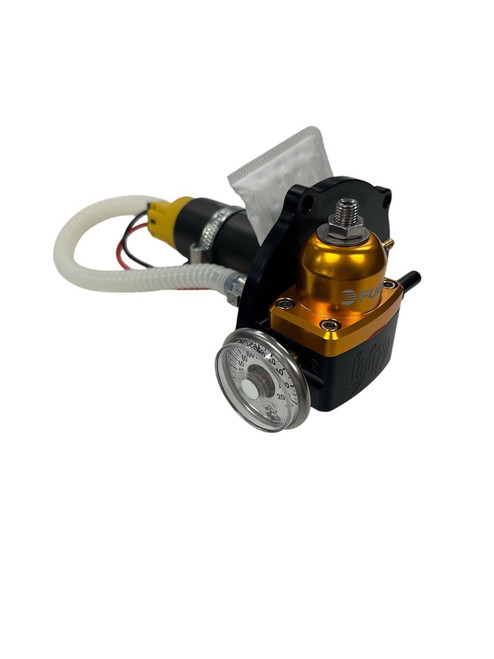 HTP Performance HTP In-Tank Fuel Pump Assembly for Kawasaki ZX-14R (06-25), a high-performance fuel pump with a gold and black color, including a fuel pressure gauge and inline hoses for optimal fuel delivery.